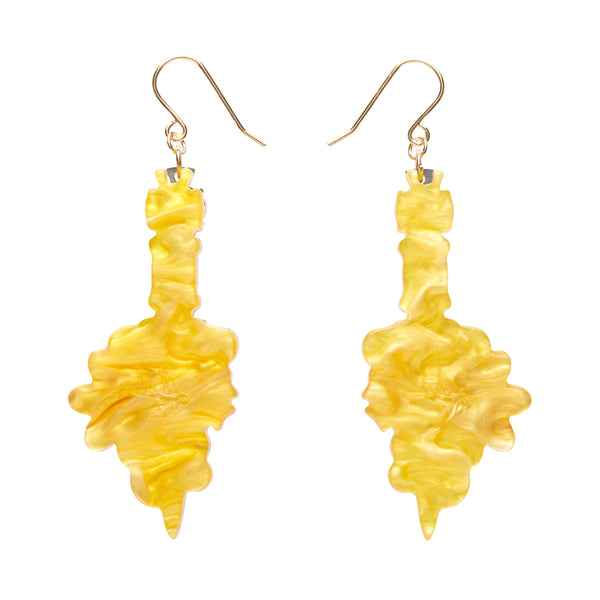 pair Erstwilder's Spellbound collection "Double-Edged Delight" mirror gold handled dagger layered resin dangle earrings with inset Czech glass crystals, showing solid yellow reverse