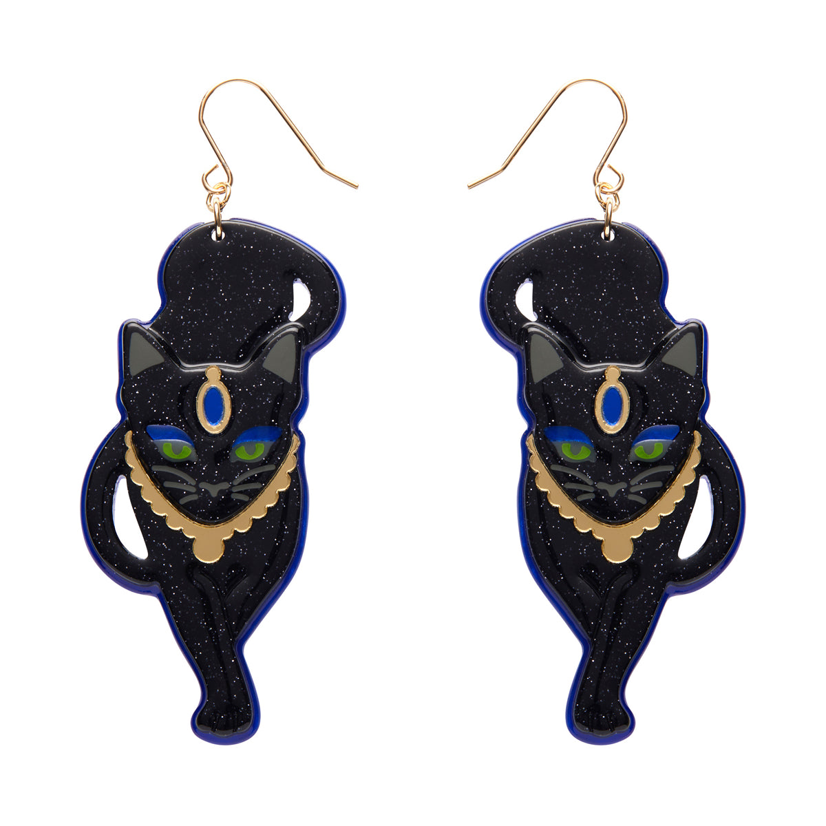 pair Erstwilder's Spellbound collection "Salem's Lot" glitter black cat layered resin dangle earrings