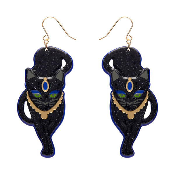 pair Erstwilder's Spellbound collection "Salem's Lot" glitter black cat layered resin dangle earrings