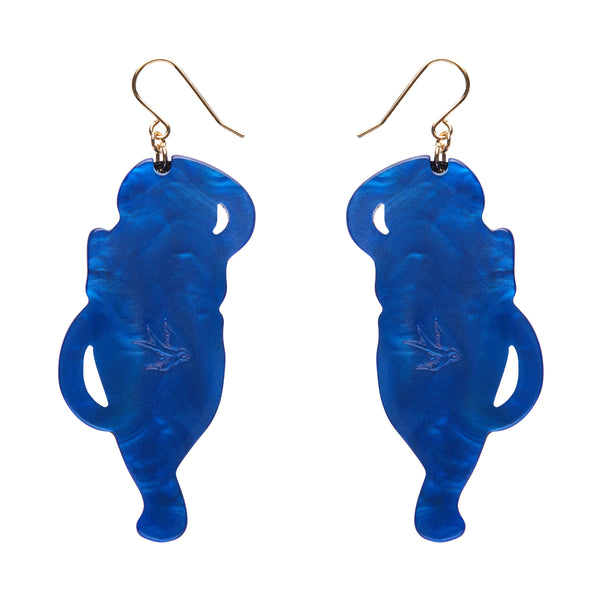 pair Erstwilder's Spellbound collection "Salem's Lot" glitter black cat layered resin dangle earrings, showing solid royal blue reverse