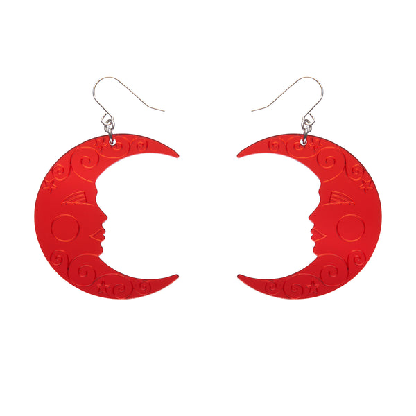 pair Spellbound Essentials Collection crescent moon dangle earrings in shiny etched mirror finish red 100% Acrylic resin