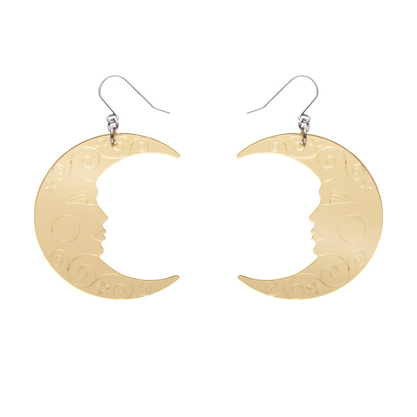 pair Spellbound Essentials Collection crescent moon dangle earrings in shiny etched mirror gold 