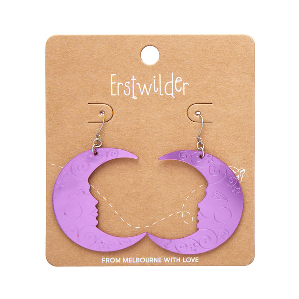 Spellbound Essentials Collection crescent moon dangle earrings in shiny etched mirror finish purple 100% Acrylic resin, shown on branded backer card packaging