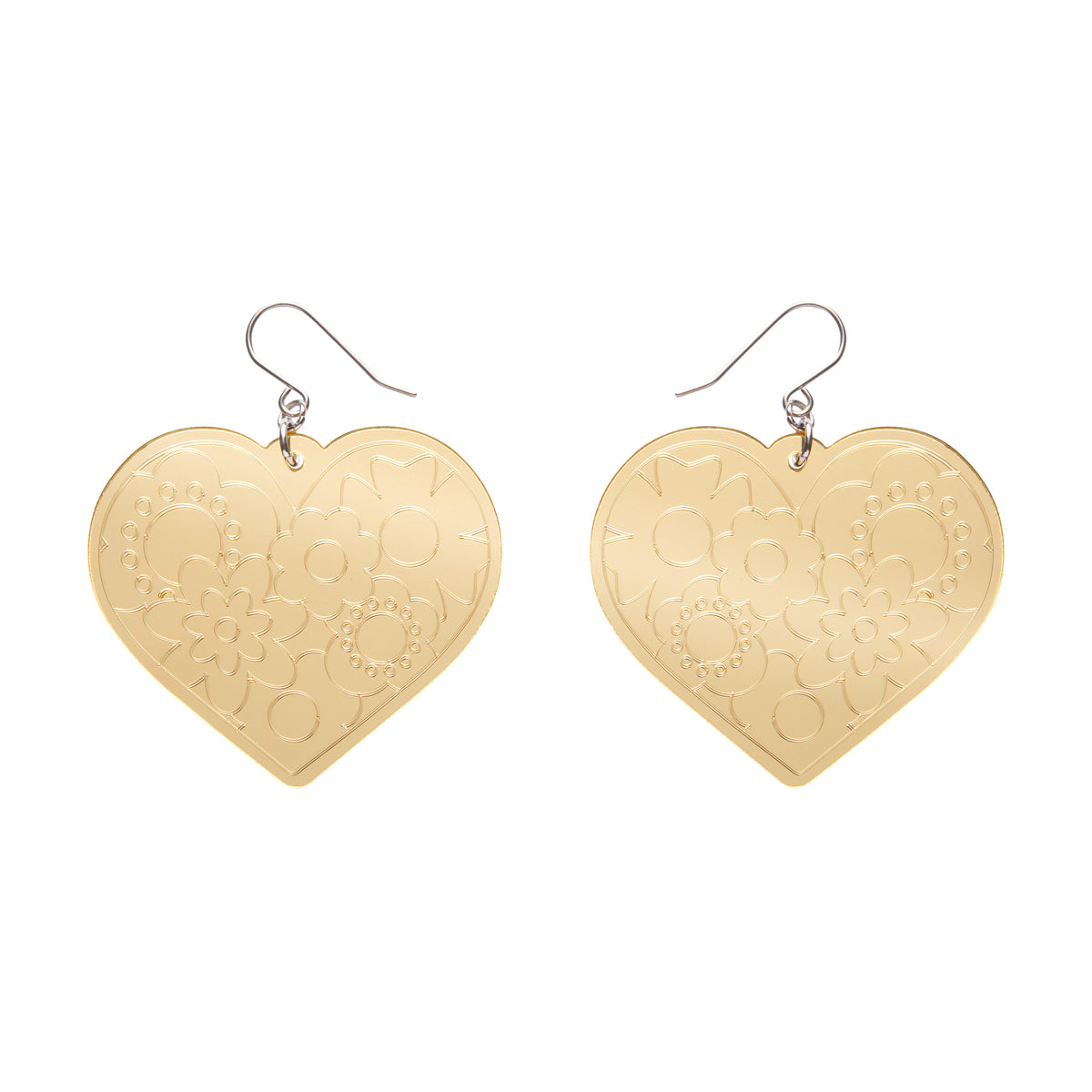 pair Spellbound Essentials Collection "Love Heart" dangle earrings in shiny etched mirror finish gold 100% Acrylic resin