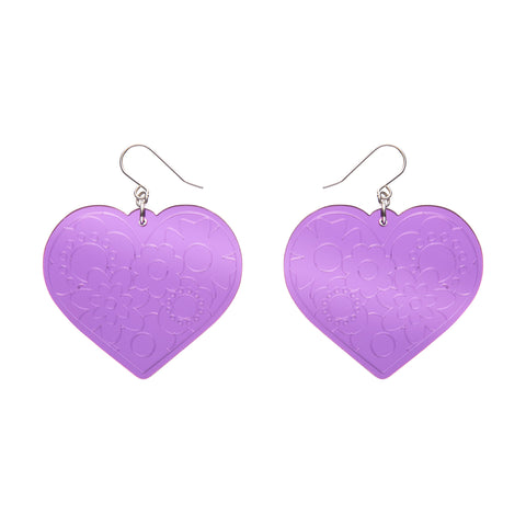 pair Spellbound Essentials Collection "Love Heart" dangle earrings in shiny etched mirror finish purple 100% Acrylic resin