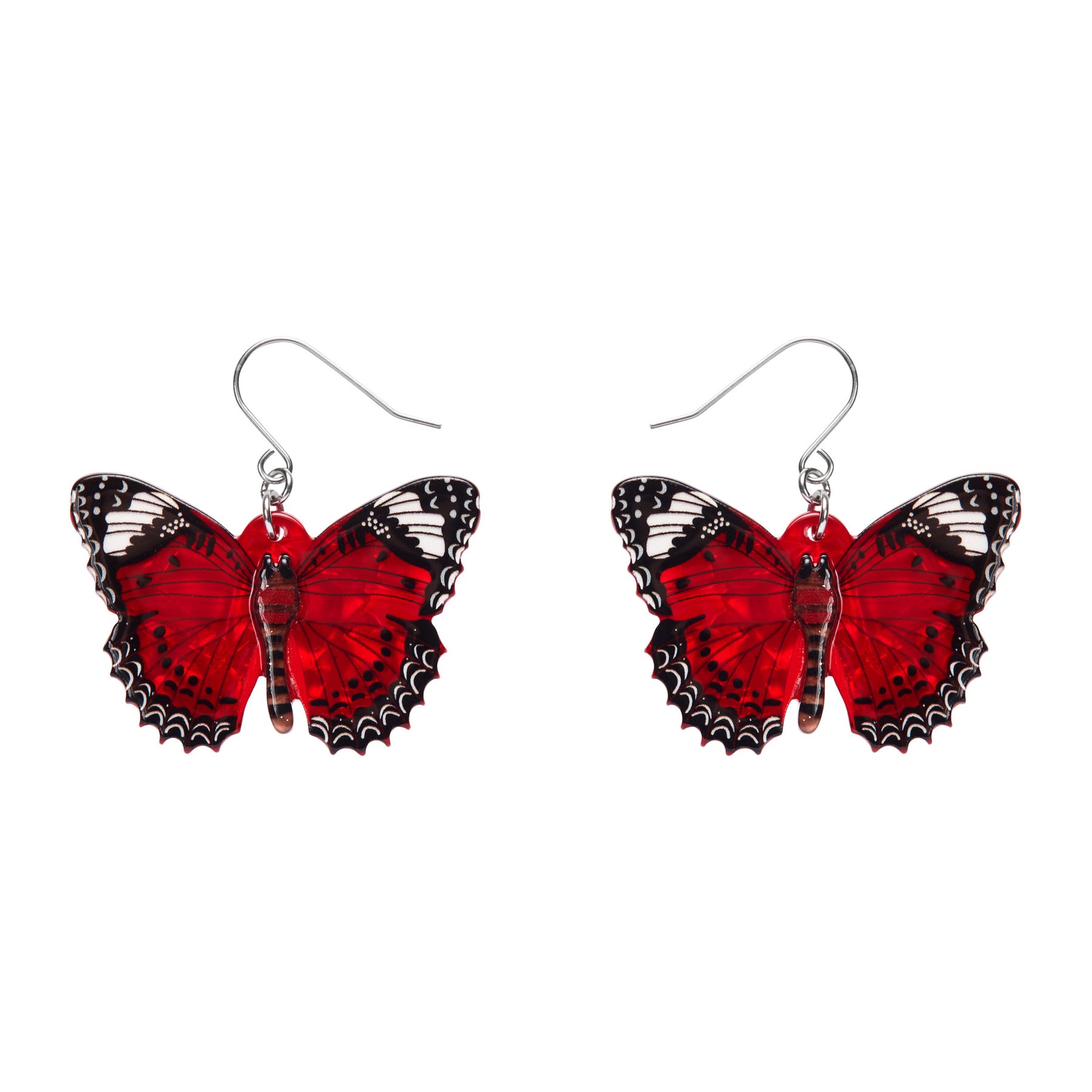 pair Jocelyn Proust Collaboration Collection "Wings Laced in Red" layered resin butterfly dangle earrings