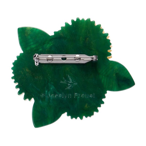 Jocelyn Proust Collaboration Collection "Forever and Ever" layered resin trio of yellow blooms brooch, showing marbled green reverse