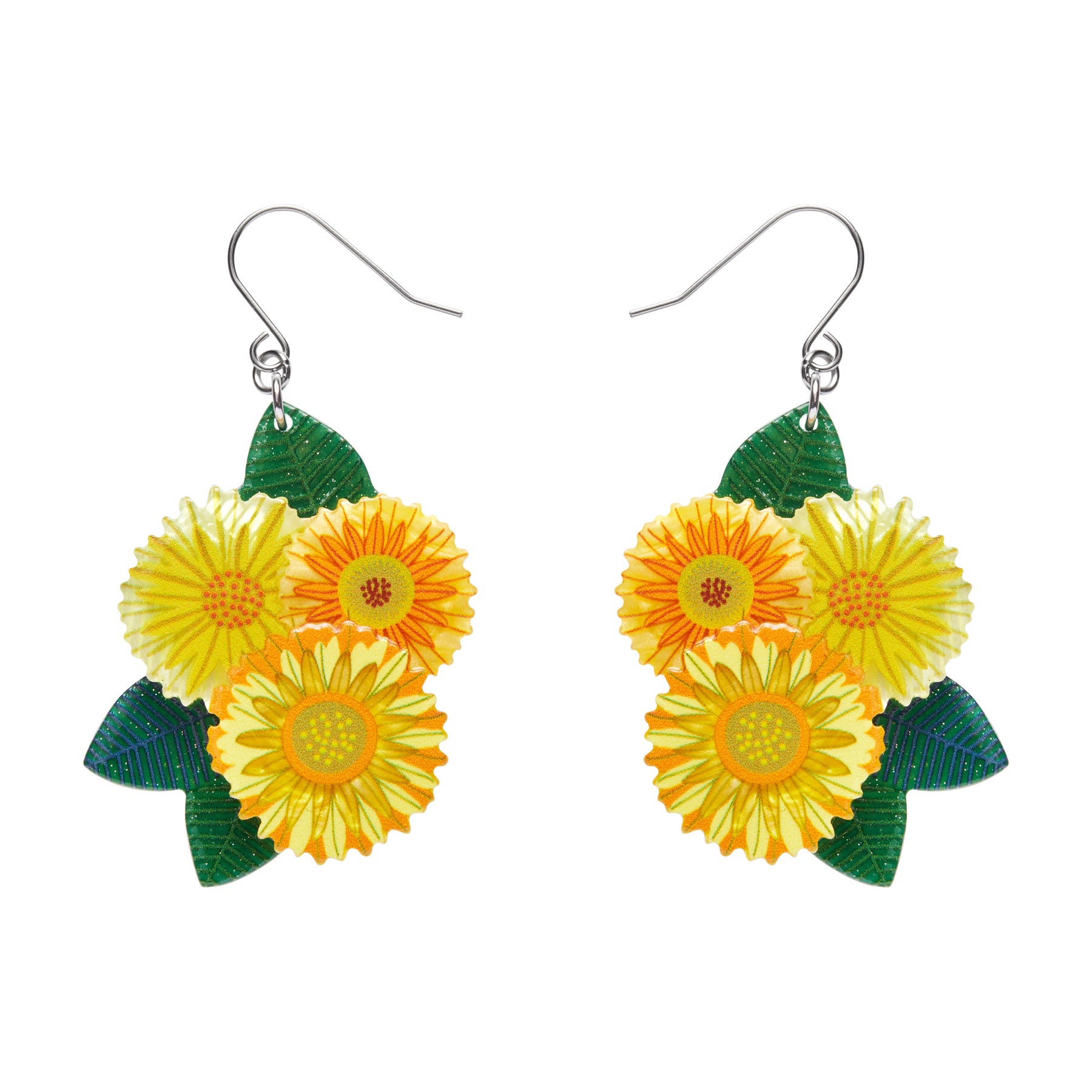 pair of Jocelyn Proust Collaboration Collection "Forever and Ever" layered resin trio of yellow blooms dangle earrings