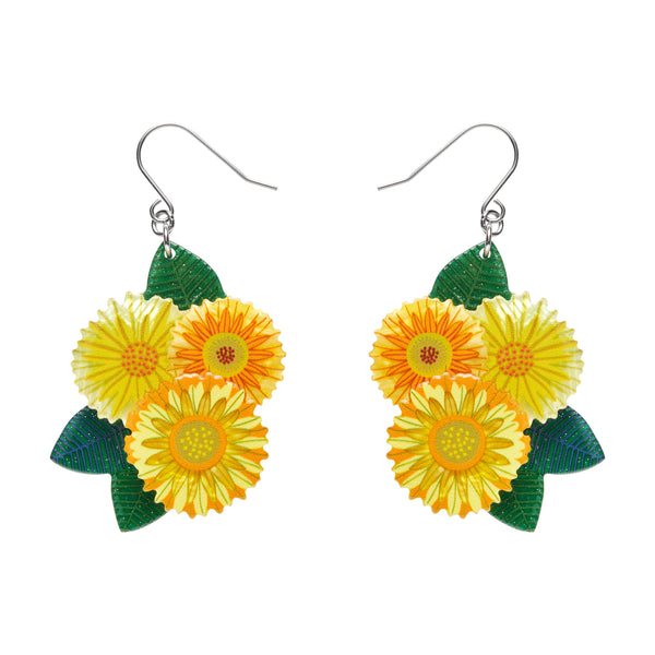 pair of Jocelyn Proust Collaboration Collection "Forever and Ever" layered resin trio of yellow blooms dangle earrings