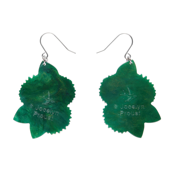 pair of Jocelyn Proust Collaboration Collection "Forever and Ever" layered resin trio of yellow blooms dangle earrings, showing marbled green reverse