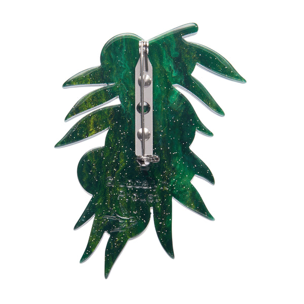 Jocelyn Proust Collaboration Collection "Acacia in Gold" layered resin brooch, showing solid green reverse