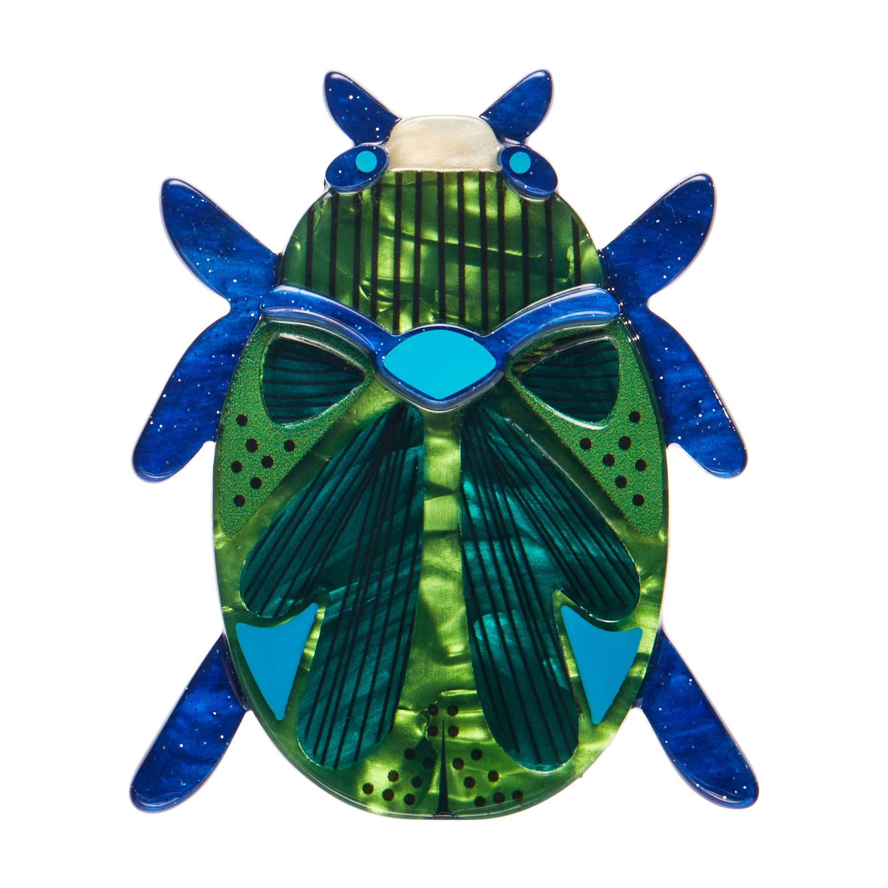 Jocelyn Proust Collaboration Collection "Luck of the Beetle" layered resin blue and green brooch
