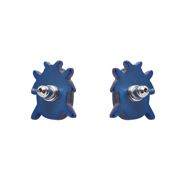 Jocelyn Proust Collaboration Collection "Luck of the Beetle" layered resin post earrings, showing solid blue reverse