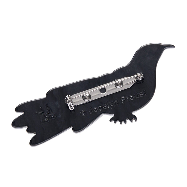 Jocelyn Proust Collaboration Collection "Booming Bloom Lover" layered resin black and white bird brooch, showing solid black reverse