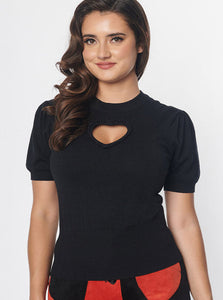 black short sleeve sweater featuring heart-shaped keyhole cutout at bust, shown on a model