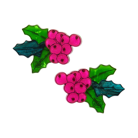 pair May Gibbs Christmas Collection "Festive Foliage" layered resin holly berries and leaves hair clips