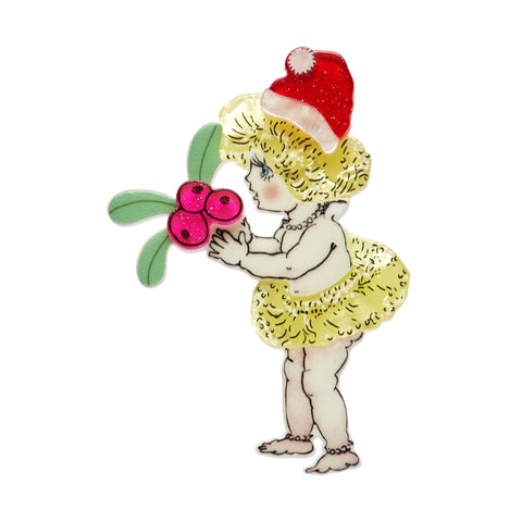 May Gibbs Christmas Collection "Native Berries Christmas" layered resin brooch depicting a standing gumnut baby in santa hat holding holly sprig