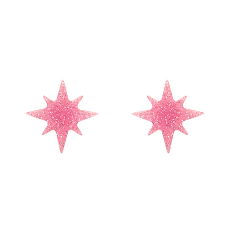 Essentials Collection atomic star shaped post earrings in sparkly pink glitter 100% Acrylic resin