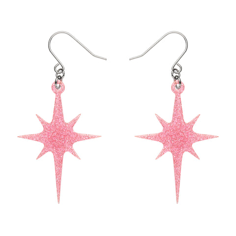 pair Essentials Collection atomic star shaped dangle earrings in sparkly pink glitter 100% Acrylic resin