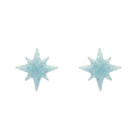 pair Essentials Collection atomic star shaped post earrings in sparkly pale blue glitter 100% Acrylic resin