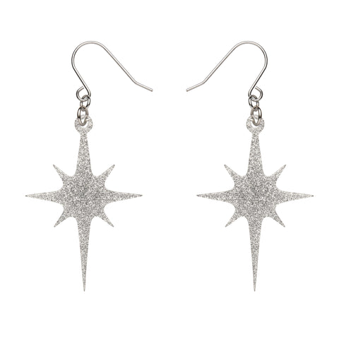 pair Essentials Collection atomic star shaped dangle earrings in sparkly silver glitter 100% Acrylic resin