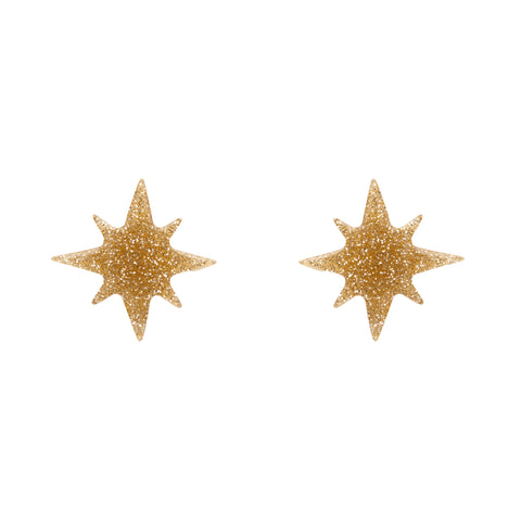 pair Essentials Collection atomic star shaped post earrings in sparkly gold glitter 100% Acrylic resin