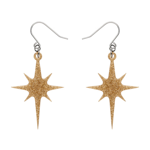 pair Essentials Collection atomic star shaped dangle earrings in sparkly gold glitter 100% Acrylic resin