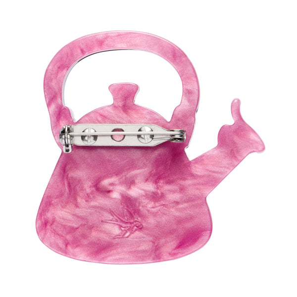 Vintage Kitchen Collection "Whistle While We Work" layered resin tea kettle brooch, showing solid pink reverse