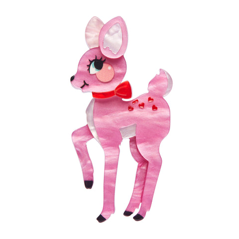 Love Everlasting Shea O'Connor collaboration collection "Our Deer Sweetheart" pink deer with red bow layered resin brooch