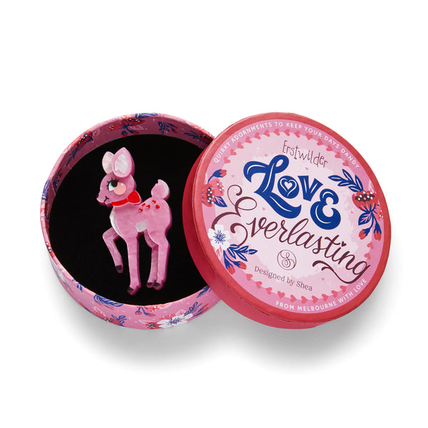 Love Everlasting Shea O'Connor collaboration collection "Our Deer Sweetheart" pink deer with red bow layered resin brooch, shown in illustrated round box packaging