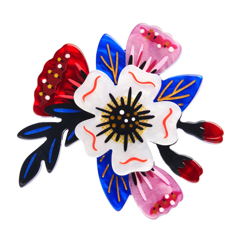 Love Everlasting Shea O'Connor collaboration collection "Say It With Flowers" red, white, pink, black, and blue flower bouquet layered resin brooch