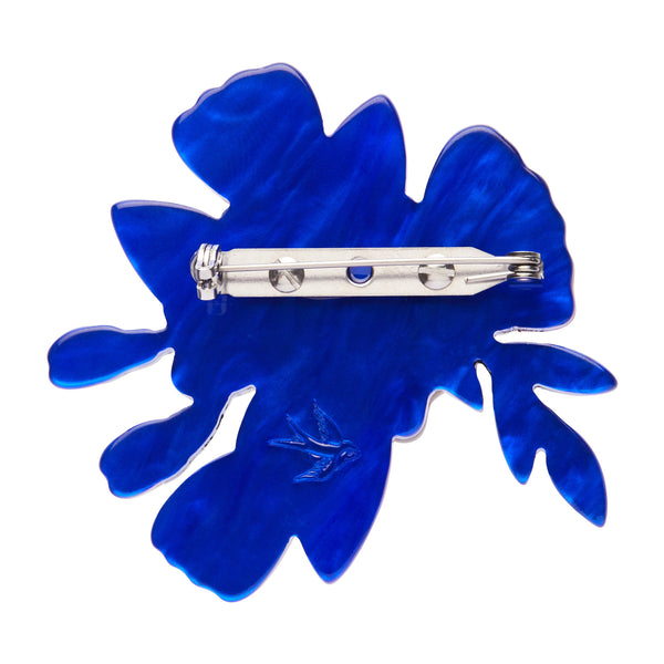 Love Everlasting Shea O'Connor collaboration collection "Say It With Flowers" red, white, pink, black, and blue flower bouquet layered resin brooch, showing royal blue back