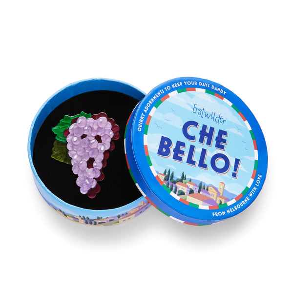 Che Bello! Collection “Sangiovese Sun” layered resin purple grapes bunch brooch, shown in illustrated round box packaging