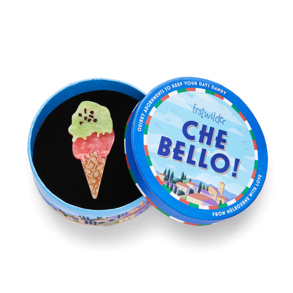 Che Bello! Collection “La Dolce Vita Gelato” layered resin brooch, shown in illustrated round box packaging