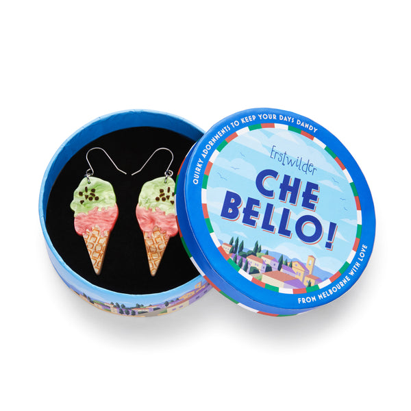Che Bello! Collection “La Dolce Vita Gelato” layered resin dangle earrings, shown in illustrated round box packaging