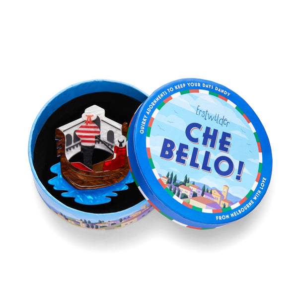 Che Bello! Collection “Canals of Venice” layered resin gondola with gondolier and passenger brooch, shown in illustrated round box packaging