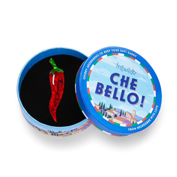 Che Bello! Collection “Lucky Little Horn” layered resin red pepper brooch, shown in illustrated round box packaging
