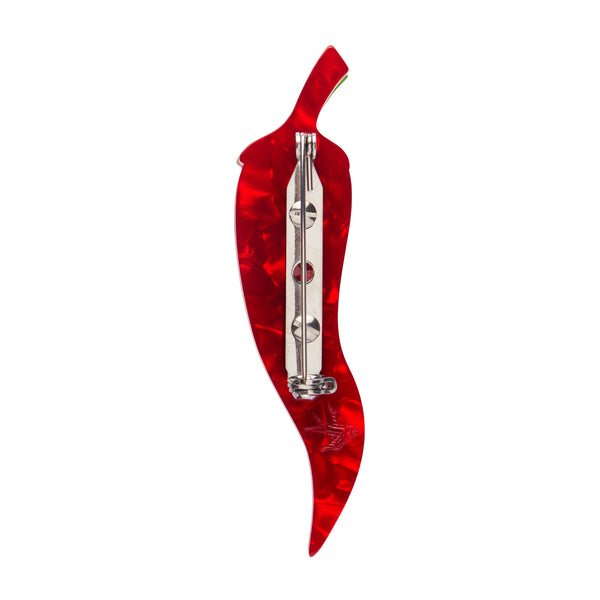 Che Bello! Collection “Lucky Little Horn” layered resin red pepper brooch, showing back view