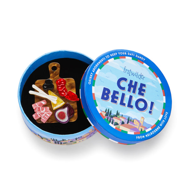 Che Bello! Collection “Adaptable Antipasto” layered resin meat, cheese, and fruit assortment on board brooch, shown in illustrated round box packaging