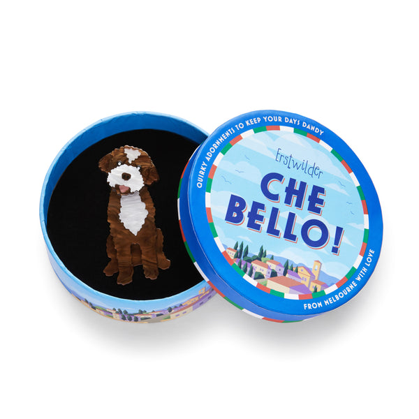 Che Bello! Collection “Terrific Truffle Hunter” layered resin brown and white dog brooch, shown in illustrated round box packaing