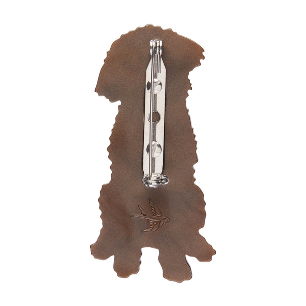Che Bello! Collection “Terrific Truffle Hunter” layered resin brown and white dog brooch, showing solid brown back