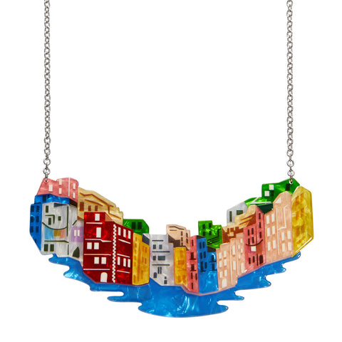 Che Bello! Collection "Cinque Terre" Italian village-scape layered resin pendant necklace