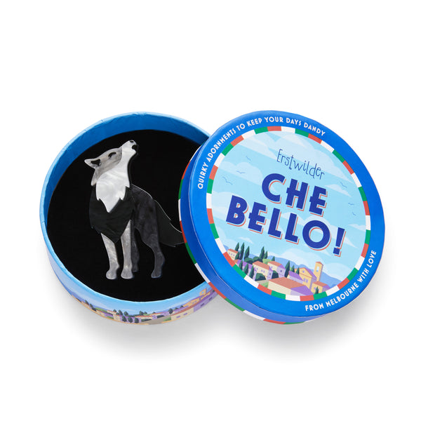 Che Bello! Collection "Apennine Howler” layered grey and white howling wolf brooch, shown in illustrated round box packaging