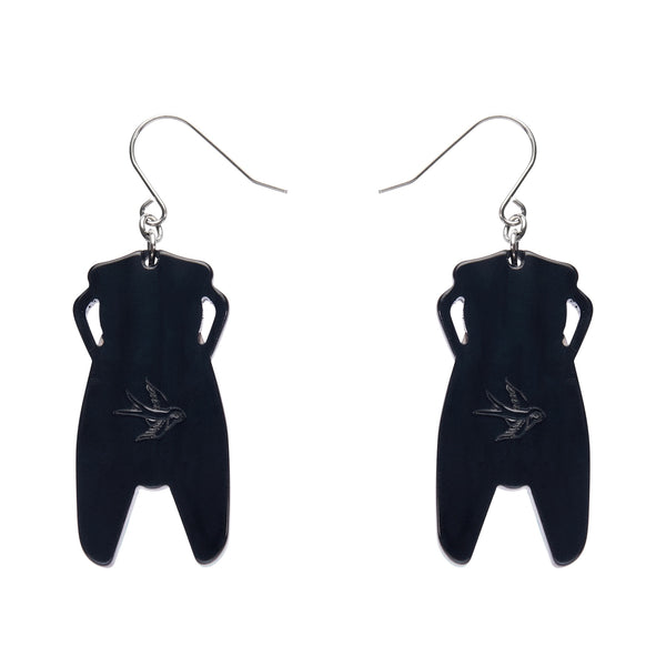 Untamed Elegance Collection "Deco Cicada" Art Deco inspired layered resin dangle earrings, showing solid black back view