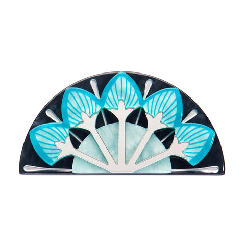 Untamed Elegance Collection "Geometric Fanfare" Art Deco style black, teal, seafoam, and mirror finish silver layered resin fan-shaped brooch