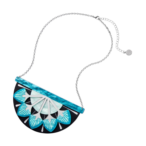 Untamed Elegance Collection "Geometric Fanfare" Art Deco style black, teal, seafoam, and mirror finish silver layered resin fan-shaped pendant necklace on silver metal link chain