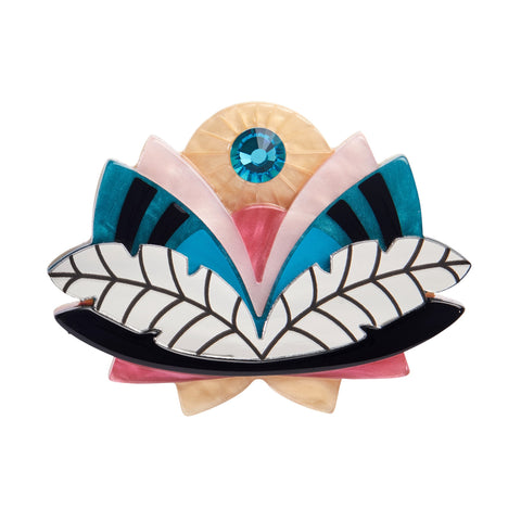 Untamed Elegance Collection "Harmonious Bloom" Art Deco style black, pink, teal, ivory, and mirror finish silver layered resin with blue jewel accent lotus flower brooch