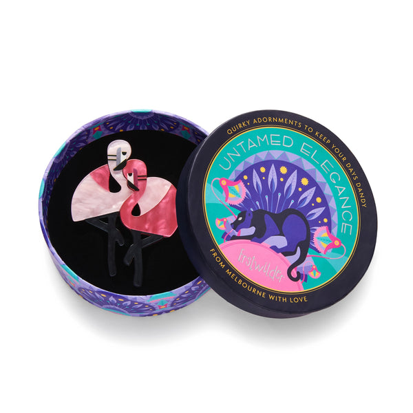 Untamed Elegance Collection "Feather Dancers" Art Deco inspired layered resin brooch, shown in illustrated round box packaging
