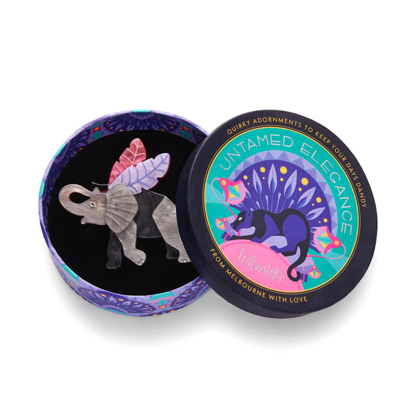 Untamed Elegance Collection "Pachyderm Dream" Art Deco inspired layered resin elephant brooch, shown in illustrated round box packaging