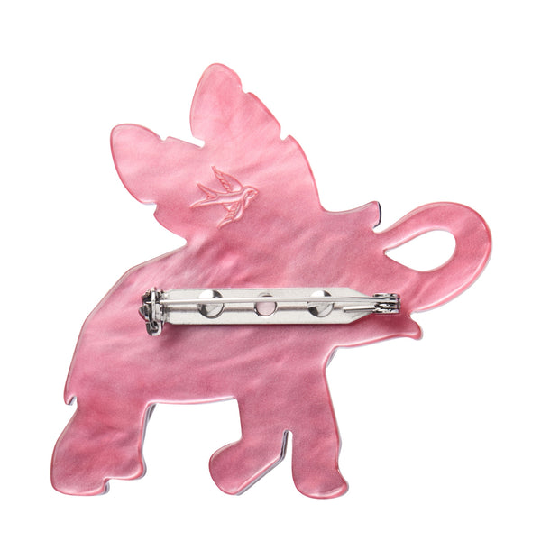 Untamed Elegance Collection "Pachyderm Dream" Art Deco inspired layered resin elephant brooch, showing solid pink back view